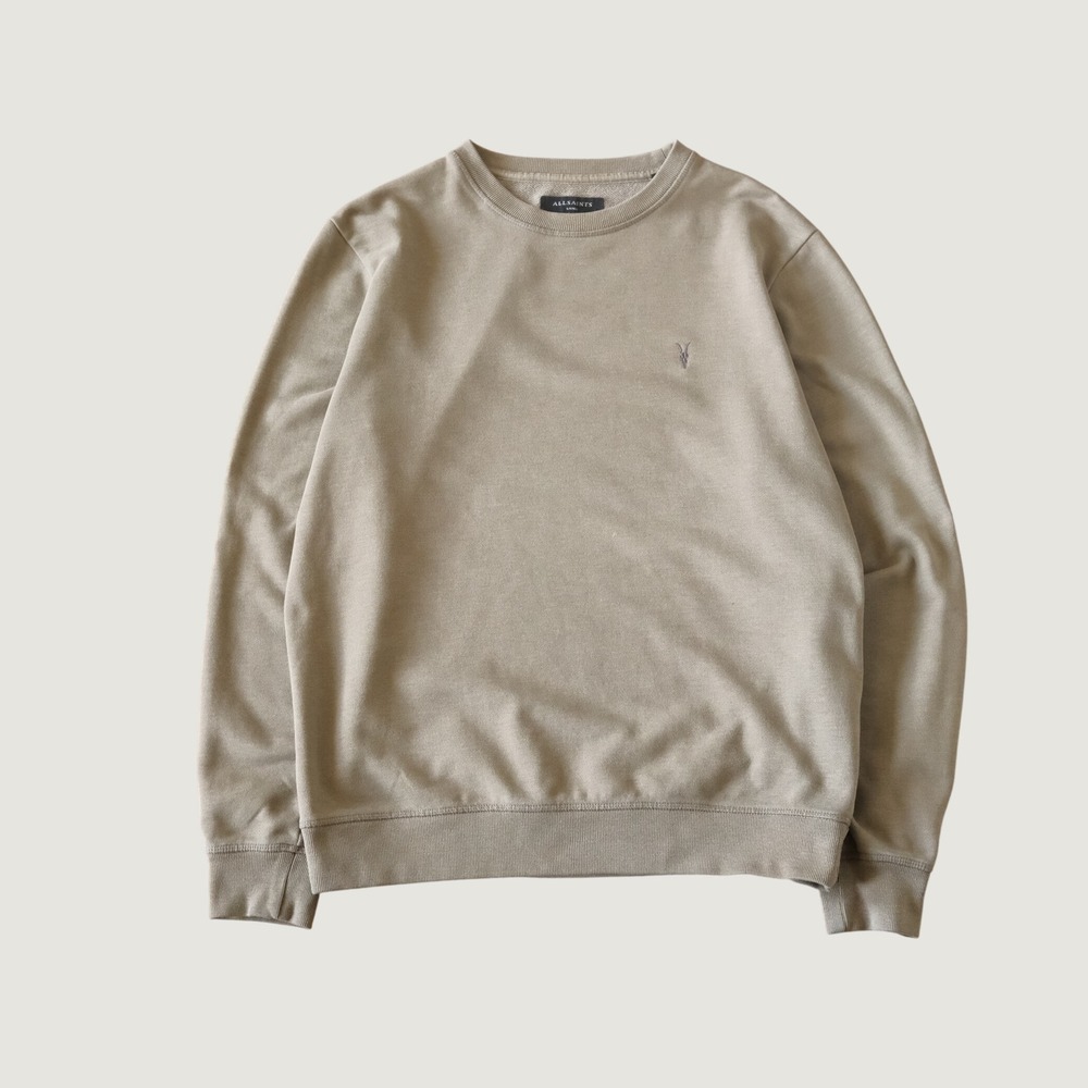 AllSaints Raven Crew Sweatshirt Taupe Brown Cotton Ramskull Logo Size Large L
